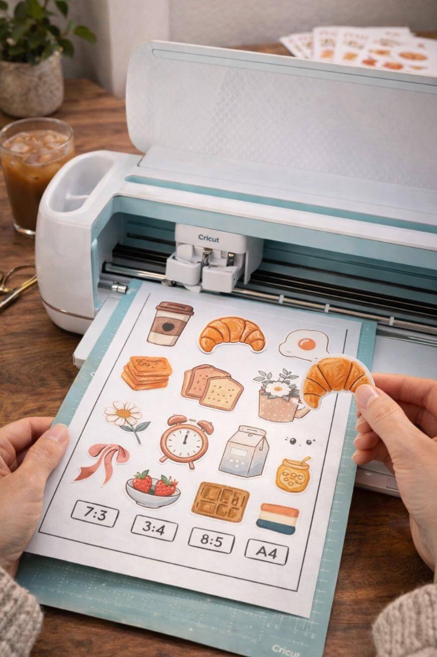 A person places a printed sheet with croissant, bread, coffee, and other breakfast-themed stickers into a Cricut cutting machine on a wooden desk, with plants and an iced coffee in the background.