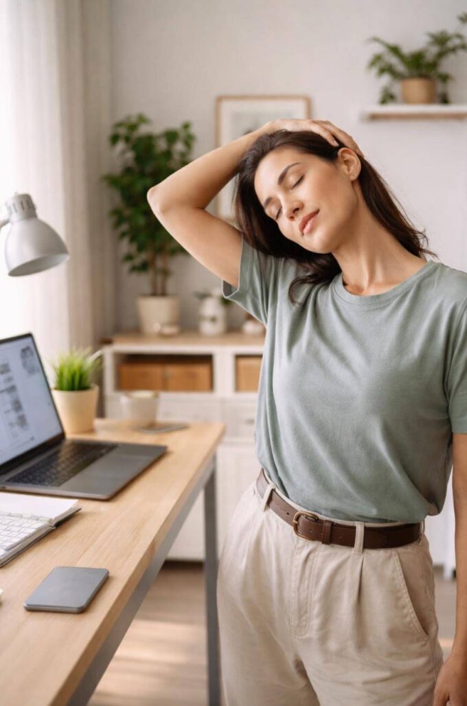 A woman stands by a desk with her eyes closed, tilting her head to one side while stretching her neck. An open laptop, mobile phone, and potted plants are visible on and around the desk.