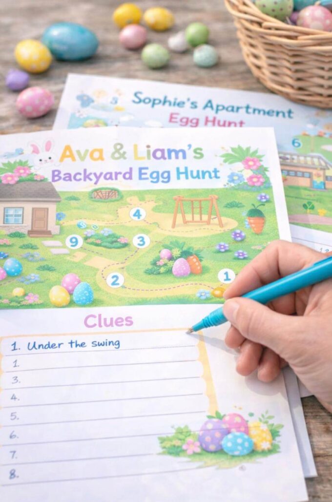 A hand writes clues on a colourful garden egg hunt worksheet titled Ava & Liam's Garden Egg Hunt, with numbered locations, surrounded by Easter eggs and another worksheet in the background.