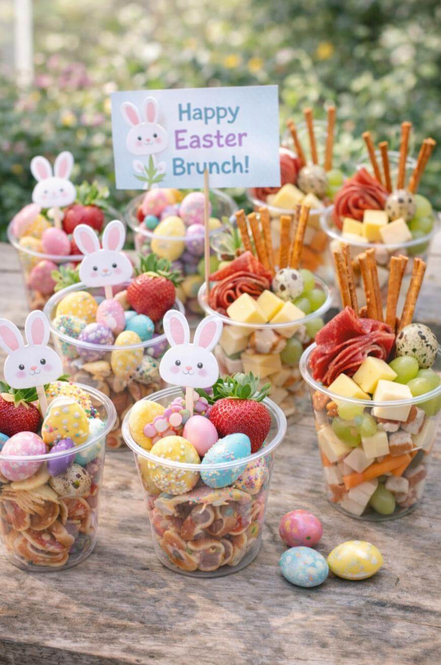 Clear plastic cups filled with Easter-themed snacks, including colourful eggs, cheese, fruit, and pretzels, are decorated with bunny picks. A “Happy Easter Brunch!” sign is in the centre, surrounded by pastel egg decorations.
