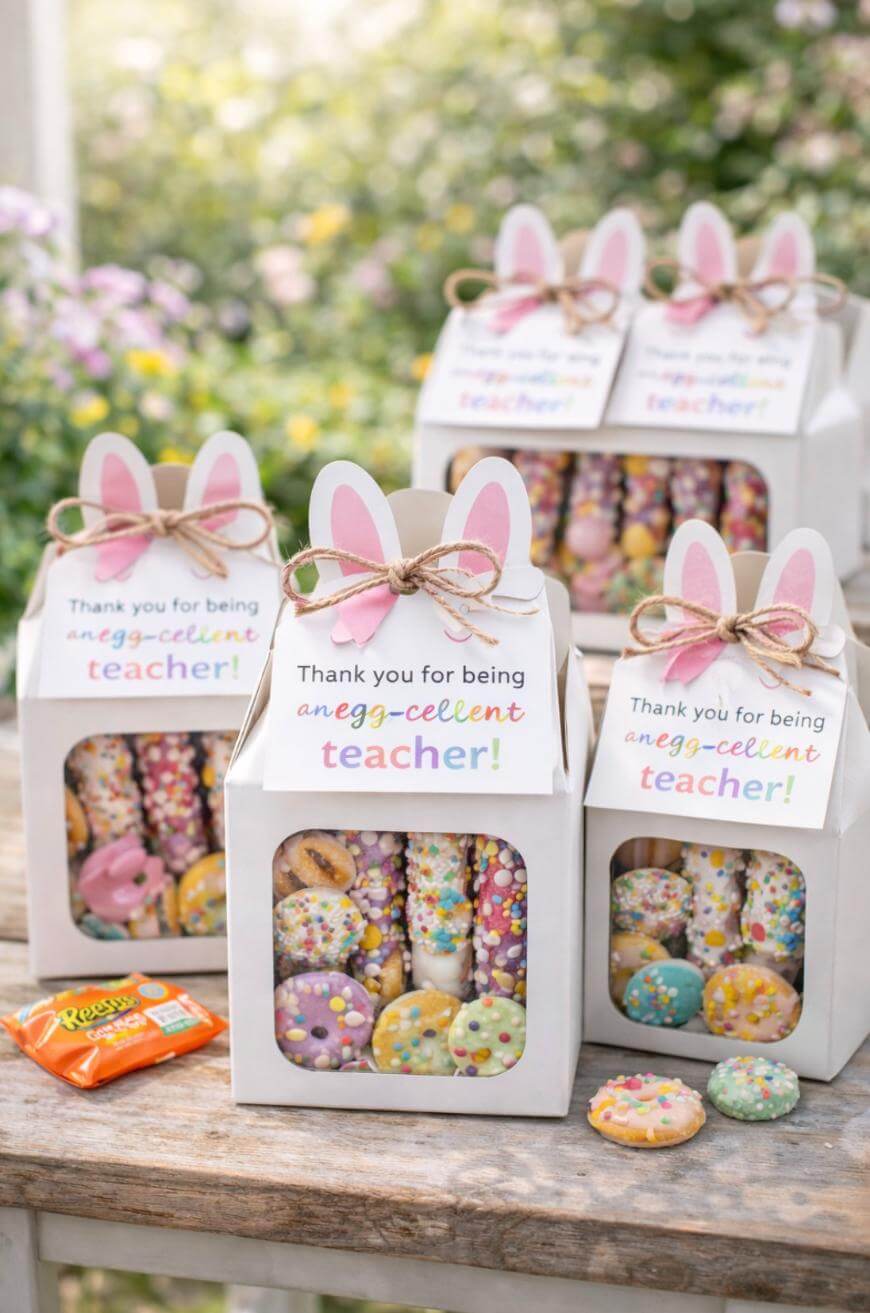 Four white treat boxes with bunny ears, labelled “Thank you for being an egg-cellent teacher!” Each box contains colourful, sprinkle-covered biscuits. A Reese’s peanut butter cup and more biscuits are on the wooden table outdoors.