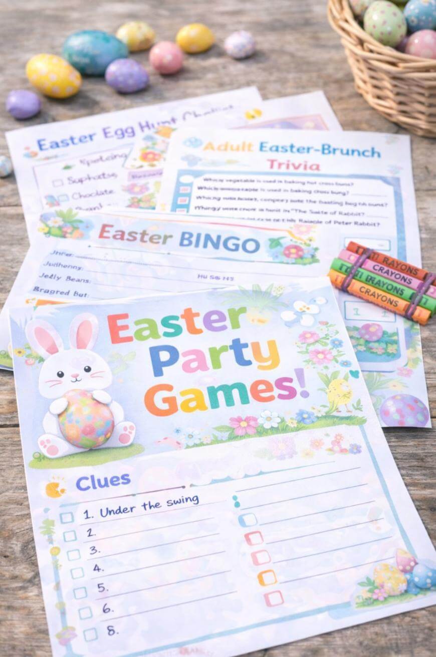 Colourful Easter-themed party game printables, including clue sheets, bingo, and trivia, are spread on a wooden table with pastel Easter eggs, a basket of eggs, and crayons. A bunny illustration decorates the main page.