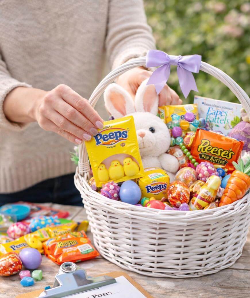A person places a packet of Peeps marshmallow sweets into a white Easter basket filled with assorted sweets, colourful eggs, and a soft toy bunny, with a purple bow on the basket handle.