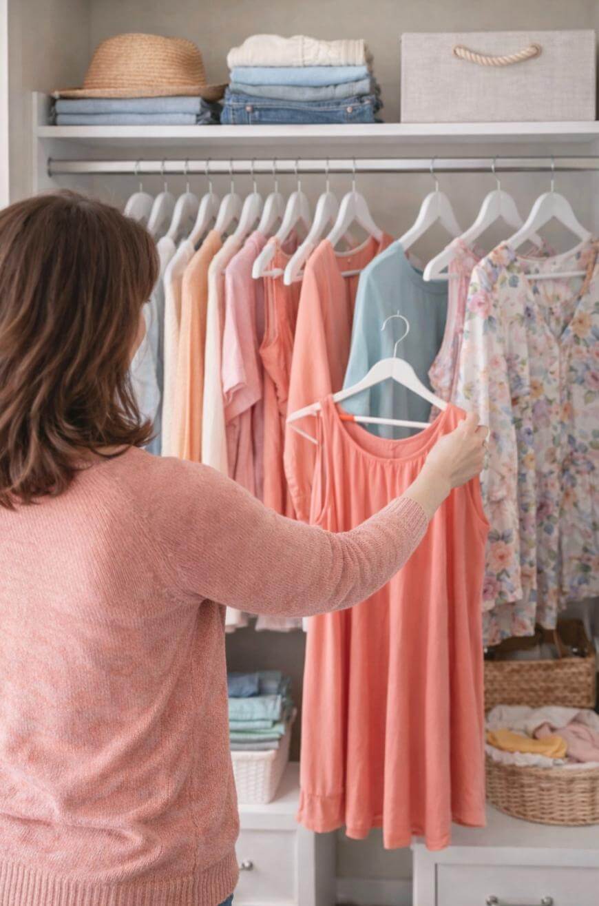A woman stands in front of an organised wardrobe, browsing through pastel and floral dresses and shirts hanging on white hangers. Shelves above hold folded clothes, a hat, and a storage box.