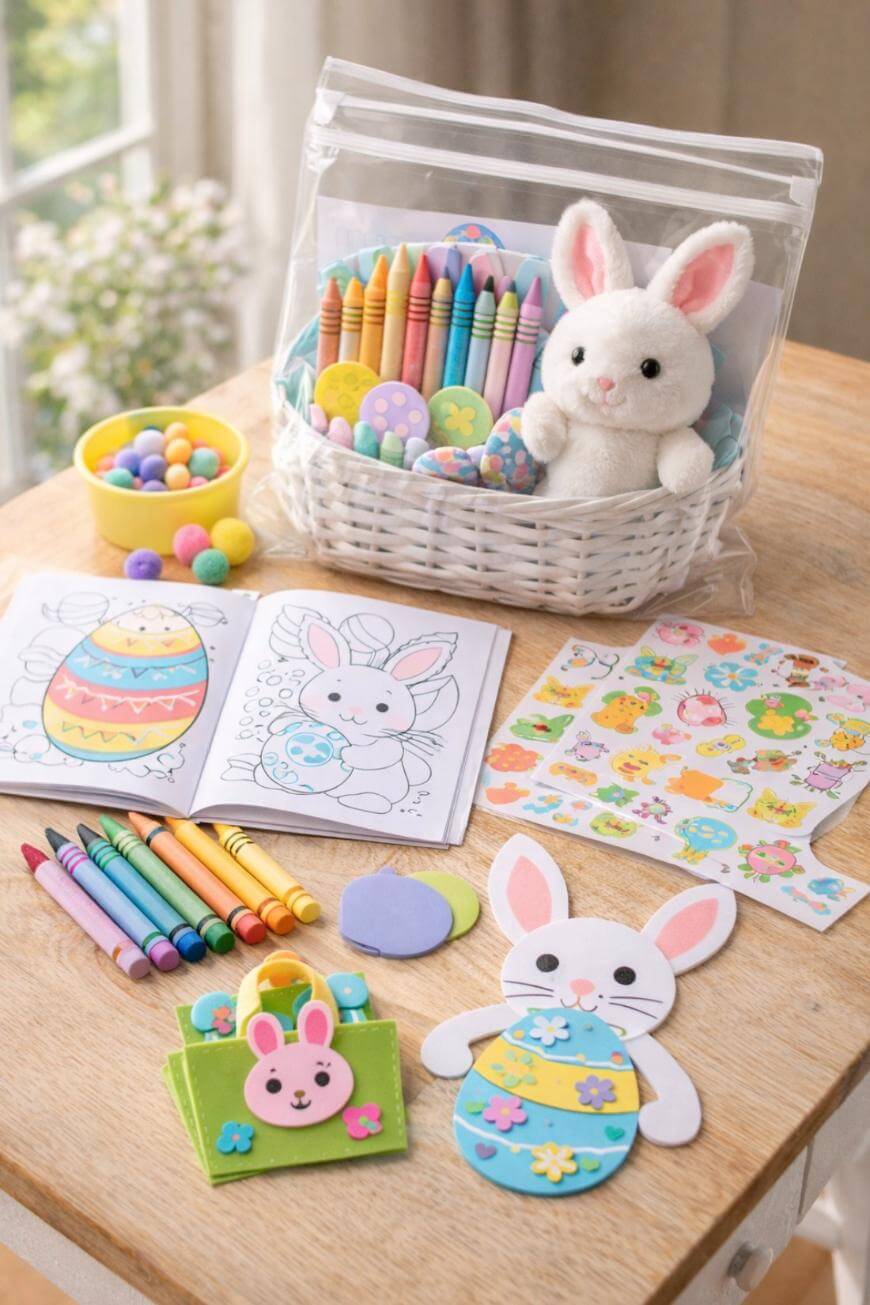 A table displays Easter-themed art supplies: a basket with crayons, pom-poms, Easter egg rubbers, and a bunny soft toy, plus colouring books, coloured pencils, stickers, and bunny craft projects.