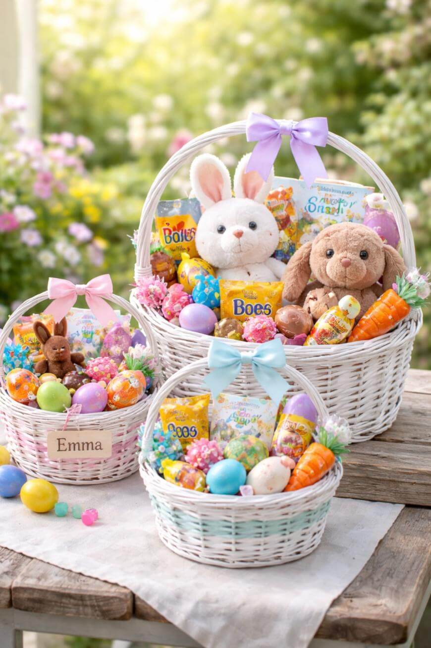 Three Easter baskets filled with colourful eggs, sweets, chocolate bunnies, and soft toys sit on a wooden table outdoors. Each basket has a pastel bow and one is labelled Emma. Spring flowers bloom in the background.