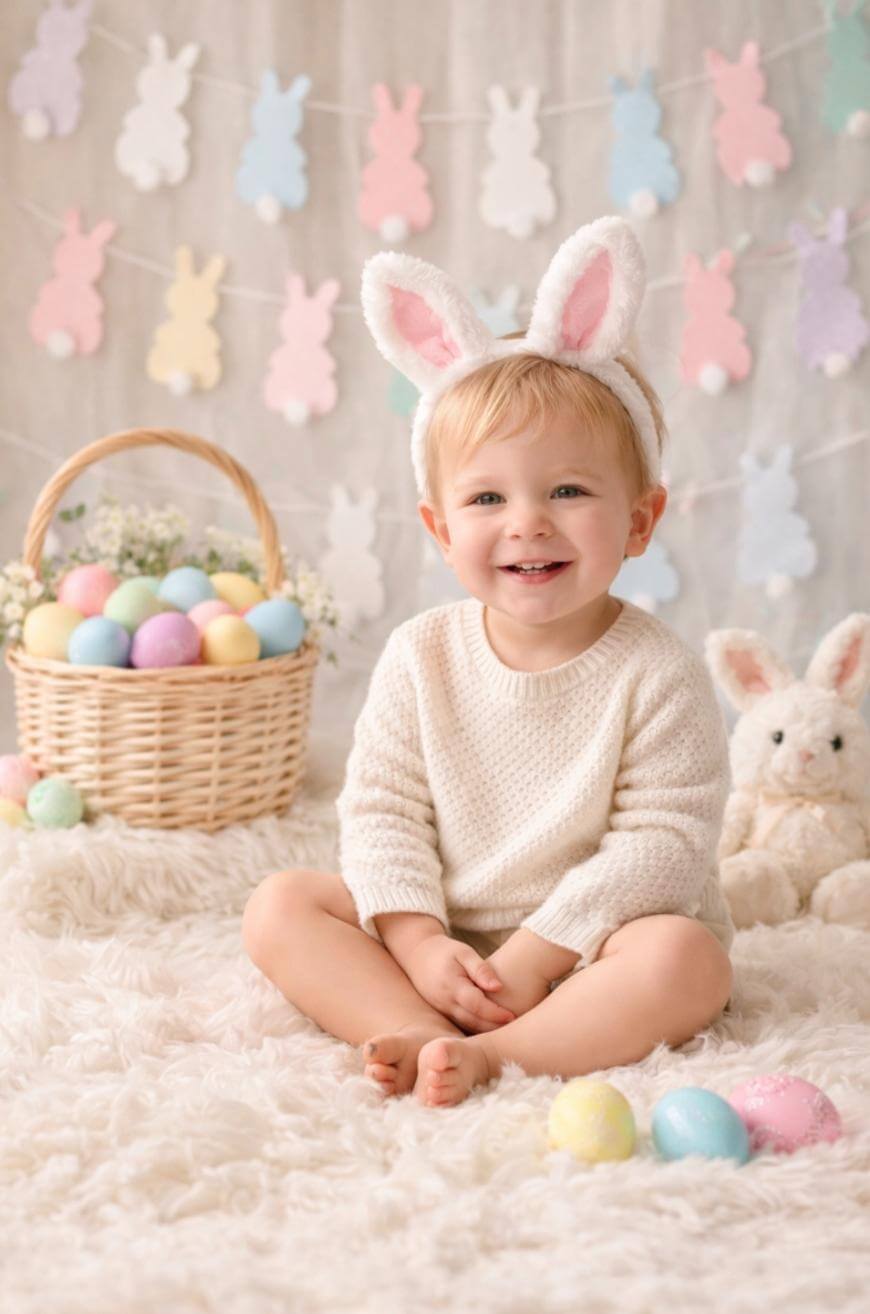 A smiling toddler wearing white bunny ears sits on a fluffy rug with pastel Easter eggs nearby, a basket of eggs, and a stuffed rabbit in the background with pastel bunny decorations hanging on the wall.