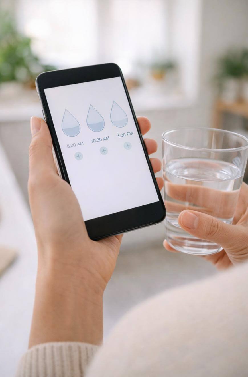 A person holds a smartphone displaying a hydration tracking app showing water drop icons and times, whilst holding a glass of water in their other hand.