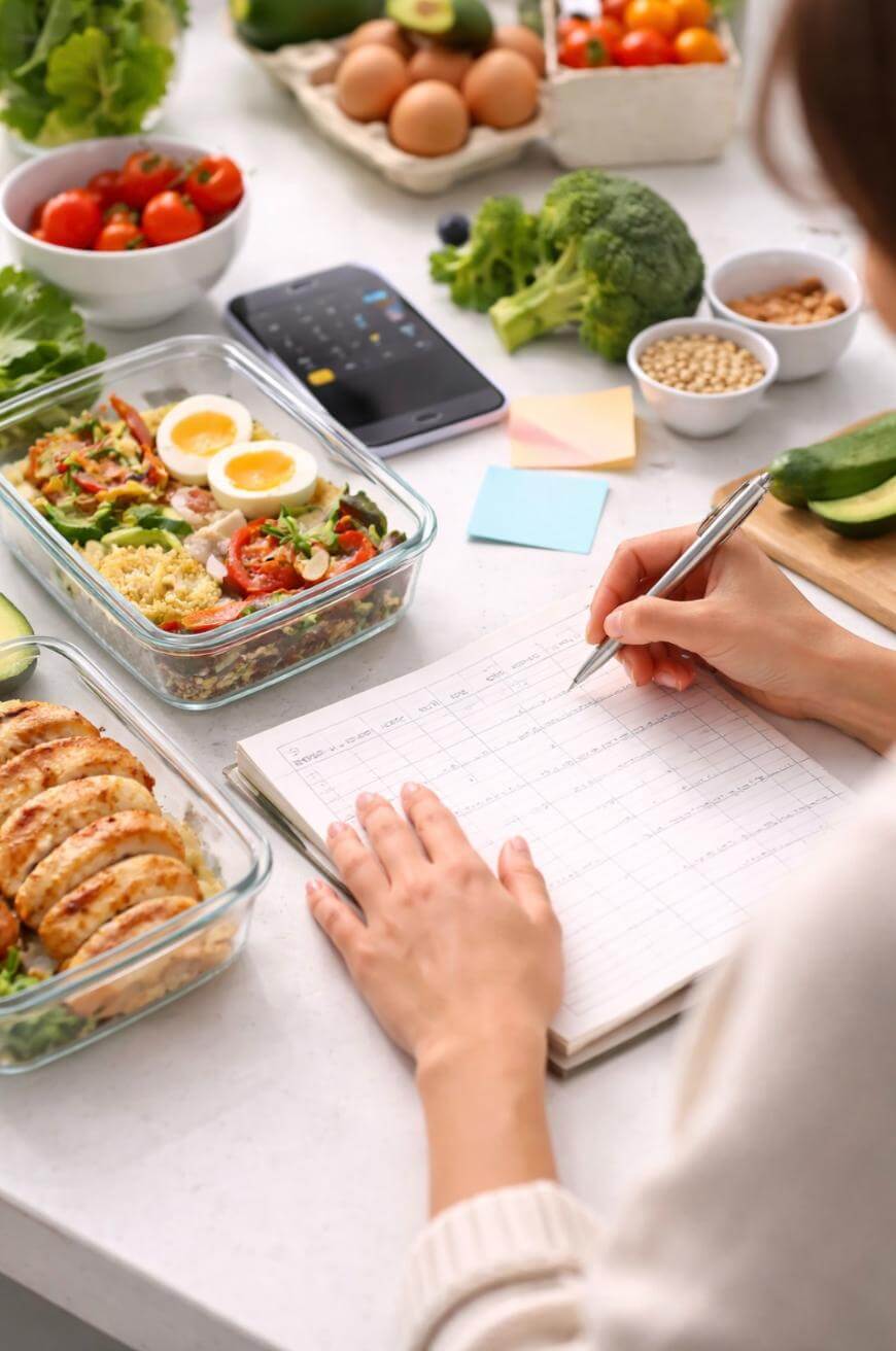 A person writes in a diary at a table with healthy meal prep containers, vegetables, eggs, a mobile phone, and sticky notes, suggesting organised meal planning.