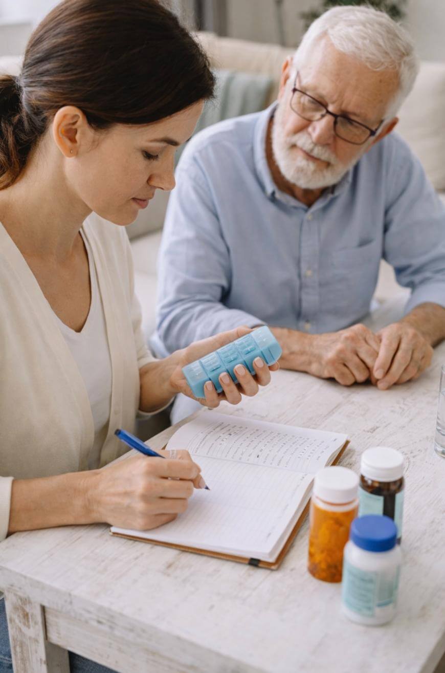 A woman writes in a notebook while holding a pill organiser, sitting with an older man. Various medicine bottles and a glass of water are on the table. They appear to be discussing medication management.