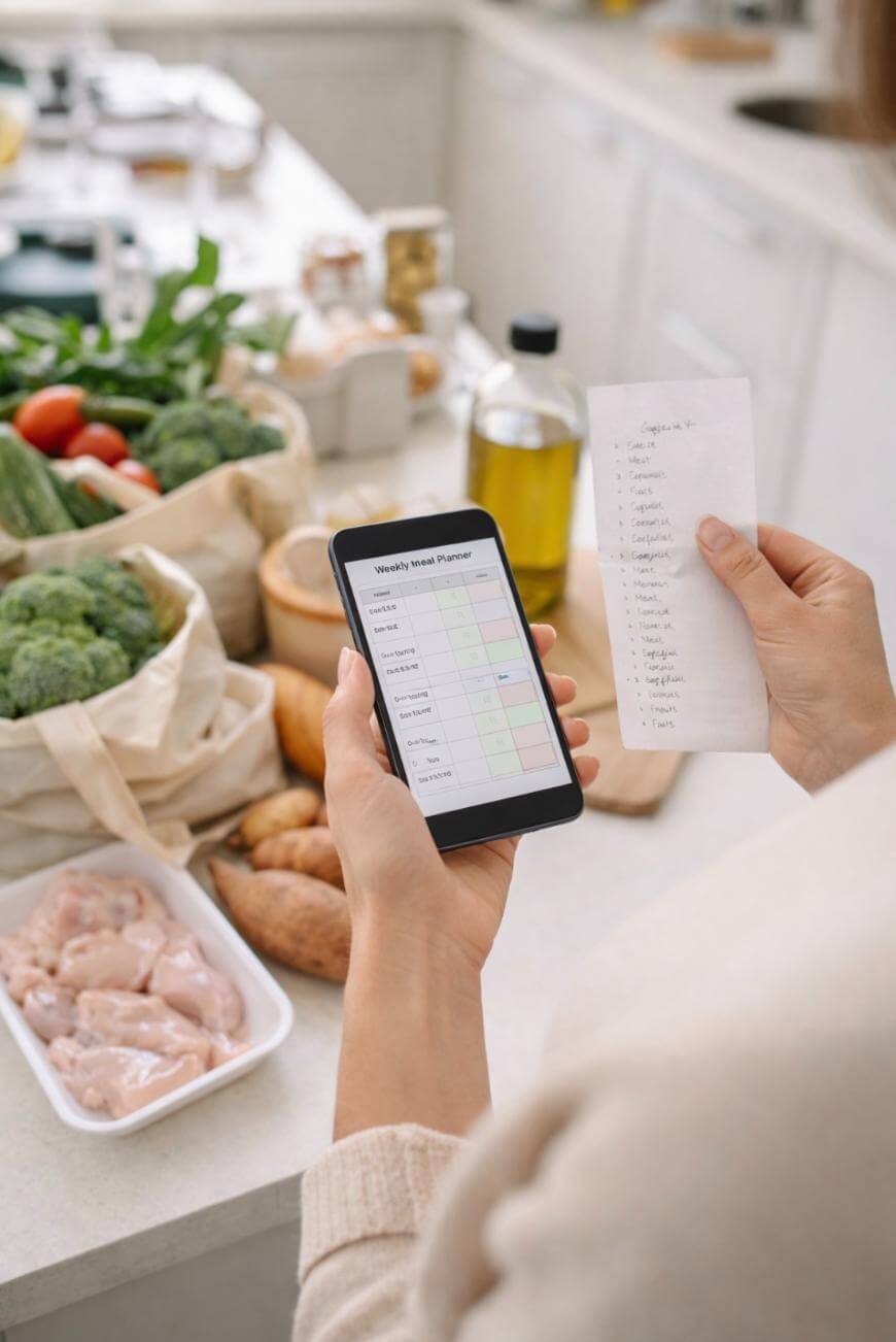 A person in a kitchen holds a mobile phone displaying a weekly meal planner and a handwritten shopping list. Fresh groceries like vegetables and raw chicken are spread on the worktop nearby.