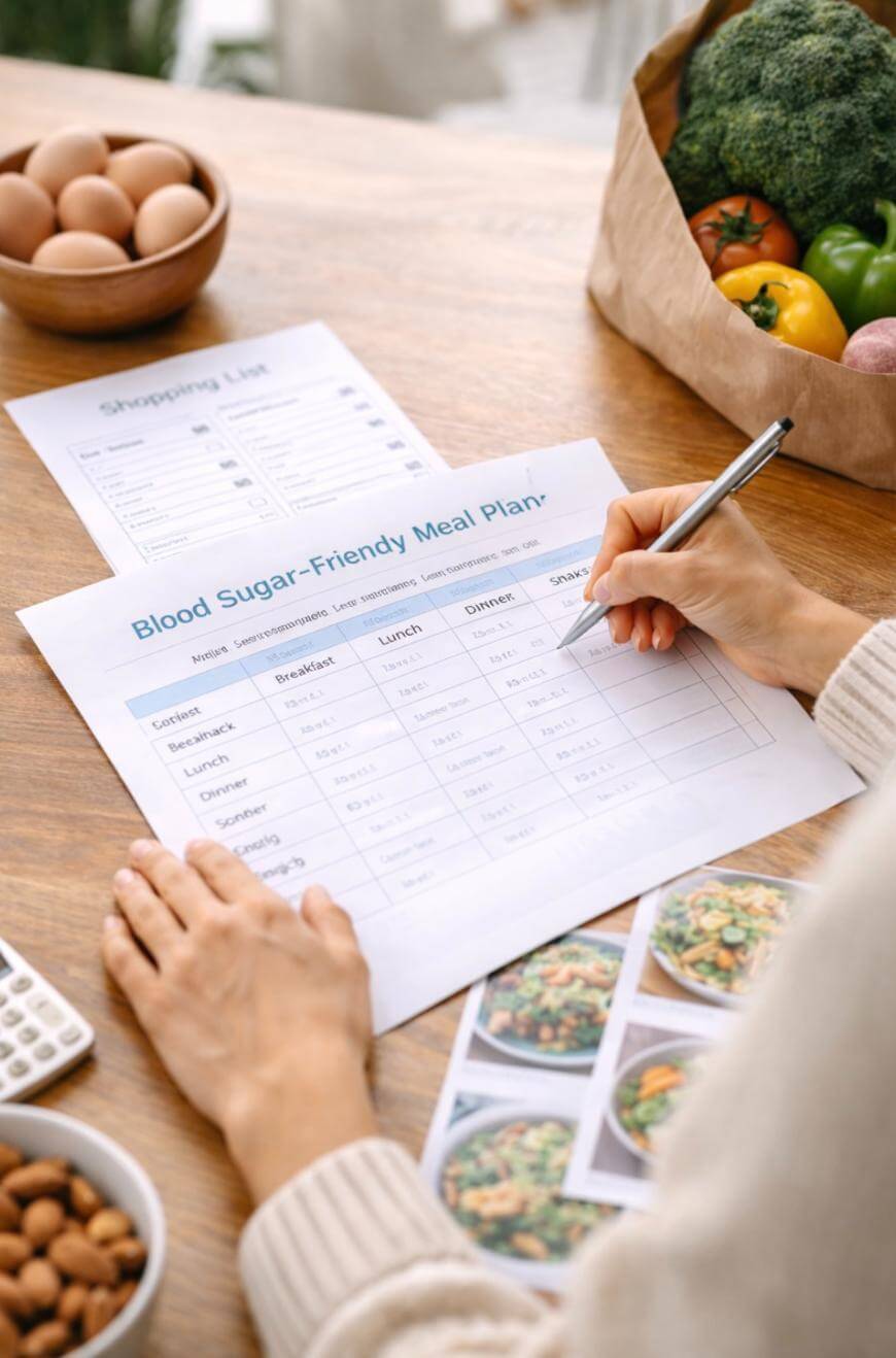 A person fills in a “Blood Sugar-Friendly Meal Plan” at a wooden table with a calculator, shopping list, eggs, nuts, paper food photos, and a bag of fresh vegetables, including broccoli and peppers.
