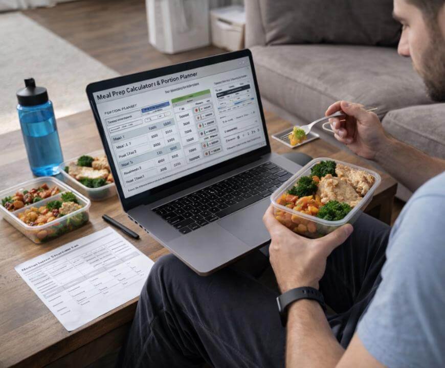 A person sits at a table with meal prep containers, eating food while using a laptop displaying a meal prep calculator and portion planner. A water bottle and meal planning sheet are also on the table.