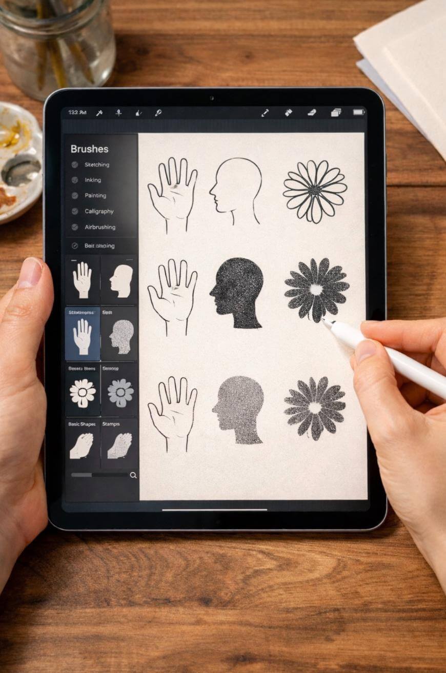 A person uses a stylus on a tablet displaying black ink-style drawings of a hand, head, and flower in three vertical rows. The tablet shows a brush selection menu on the left side of the screen.