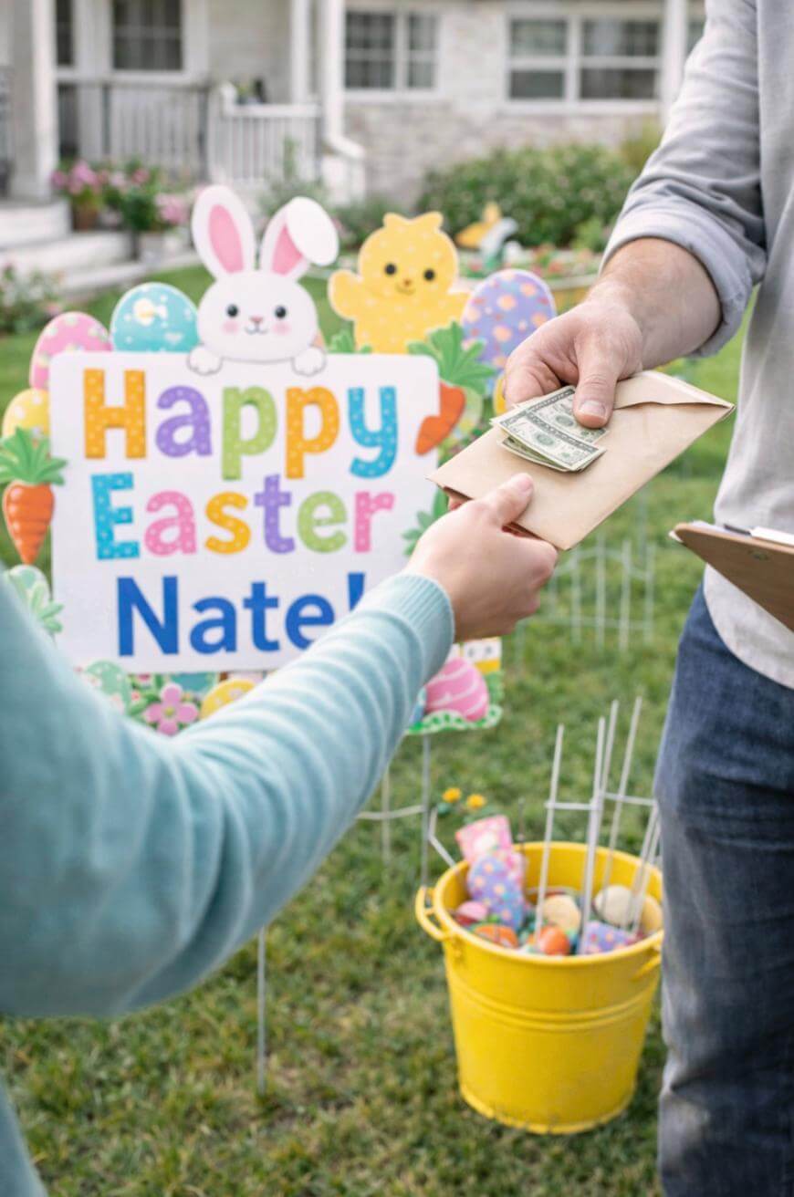 A person hands money in an envelope to another person outdoors, in front of a colourful Happy Easter Nate! garden sign with bunny and chick graphics. A yellow bucket with Easter eggs is on the grass nearby.