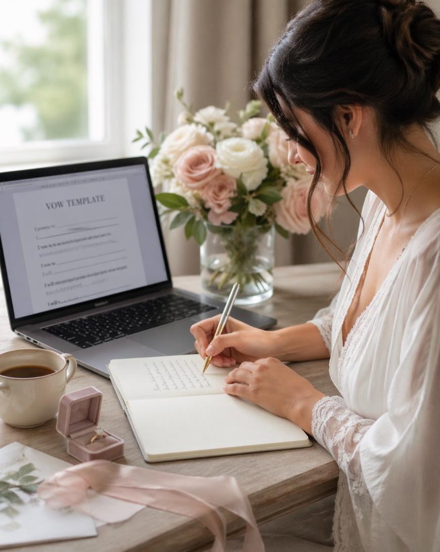 A woman in a white dressing gown writes in a notebook at a desk with a laptop displaying a vow template, a bouquet of flowers, a cup of coffee, an open ring box, and wedding stationery.