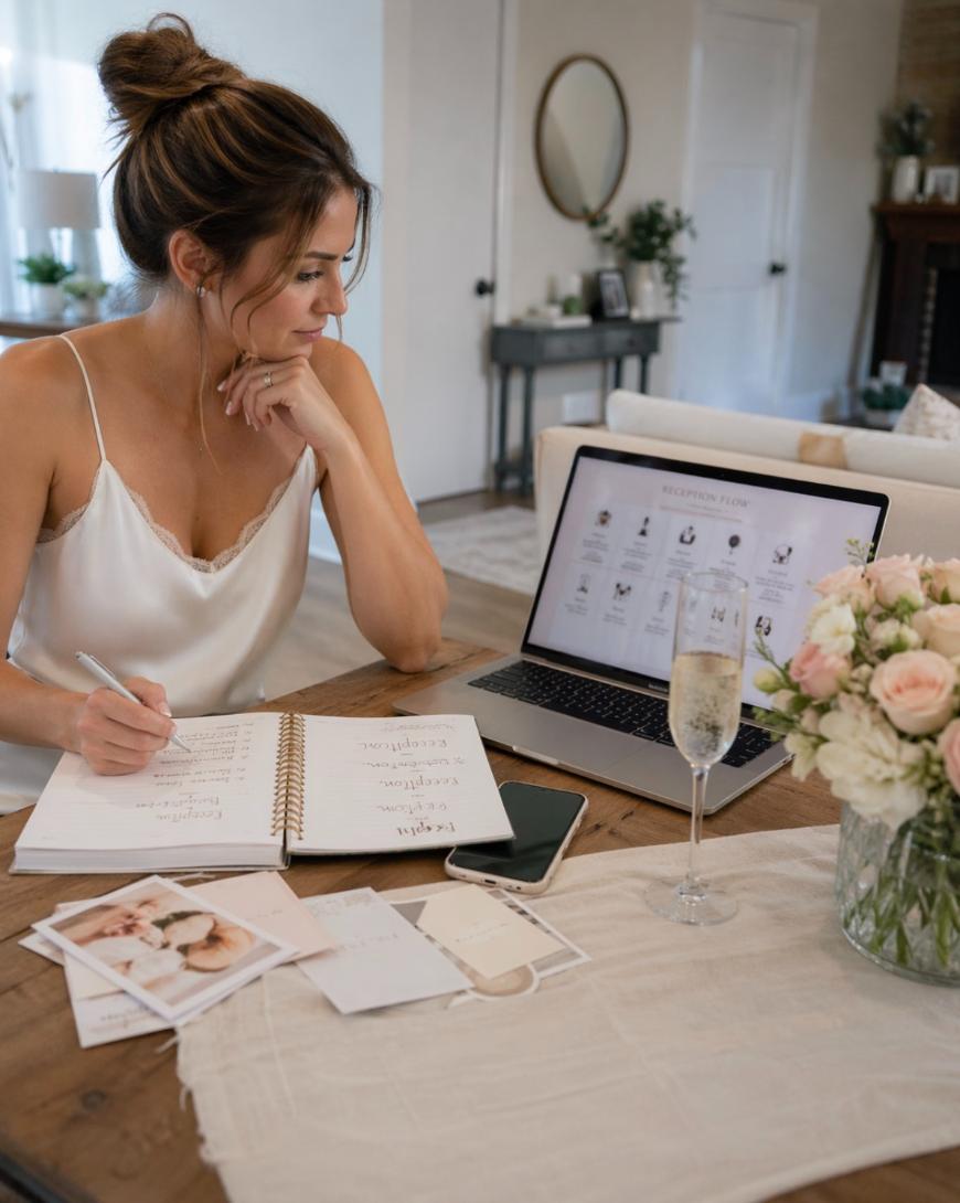A woman in a white camisole writes in a notebook at a table with wedding planning materials, a laptop, a glass of champagne, and a vase of flowers. The laptop displays a wedding reception planning page.