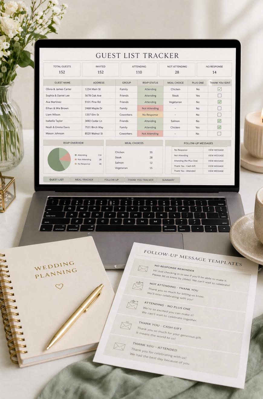 A laptop displays a guest list tracker spreadsheet. Nearby are a wedding planning notebook with a pen, a cup of coffee, and printed follow-up message templates, all on a light-coloured table.