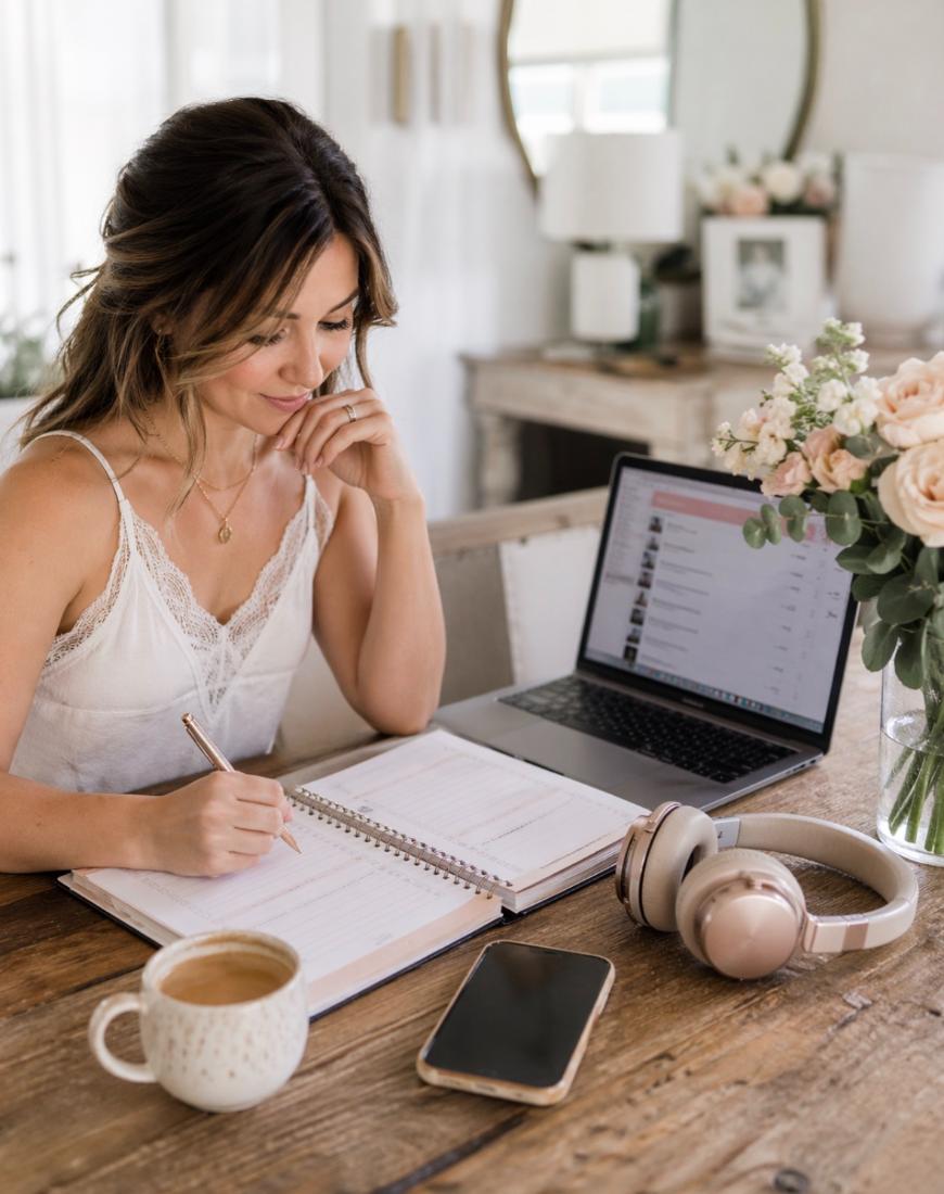 A woman sits at a wooden table, writing in a diary. A laptop, headphones, mobile phone, coffee cup, and a vase of flowers are on the table. The room is bright and decorated with soft, neutral colours.