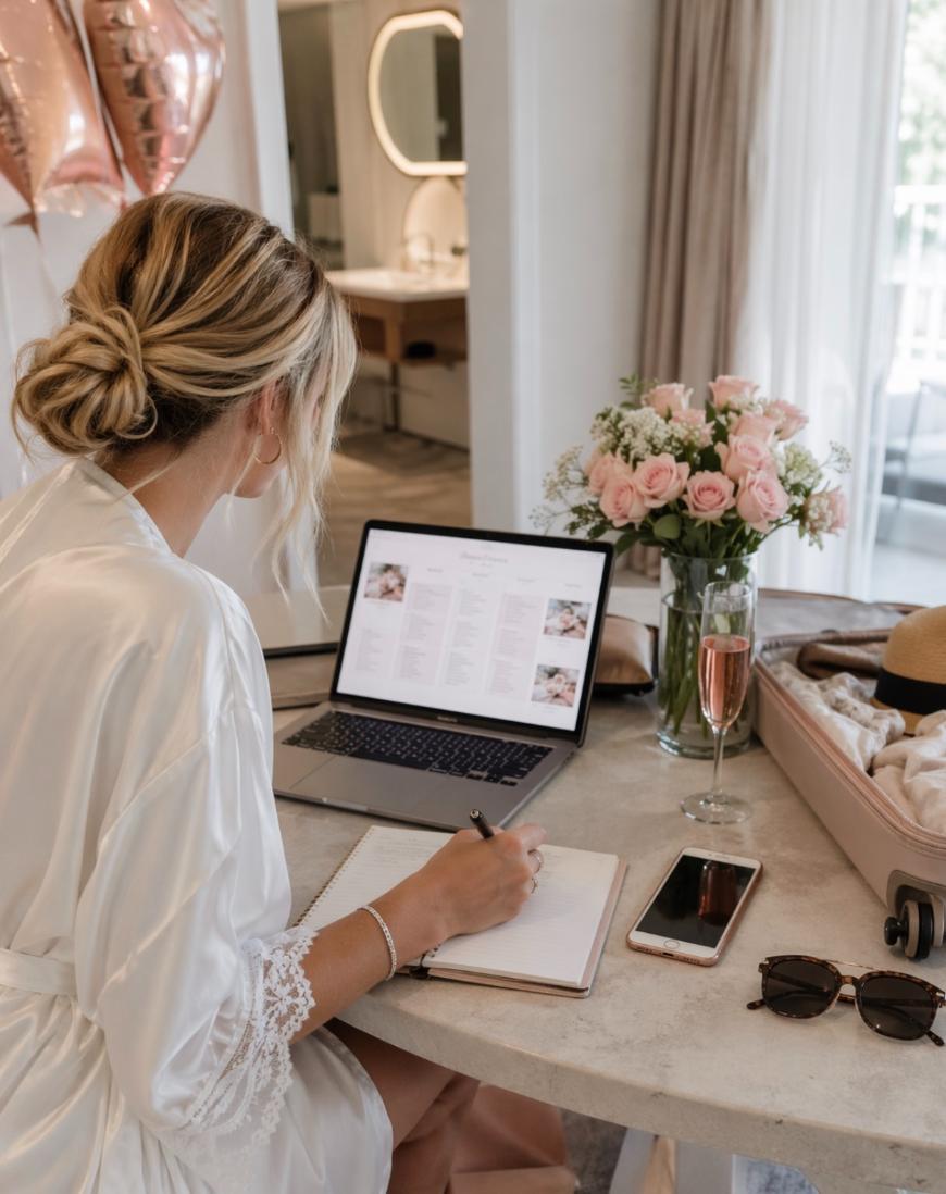 A woman in a white dressing gown sits at a table with a laptop, writing in a notebook. On the table are pink roses, a glass of champagne, sunglasses, a mobile, and an open suitcase. Balloons are in the background.