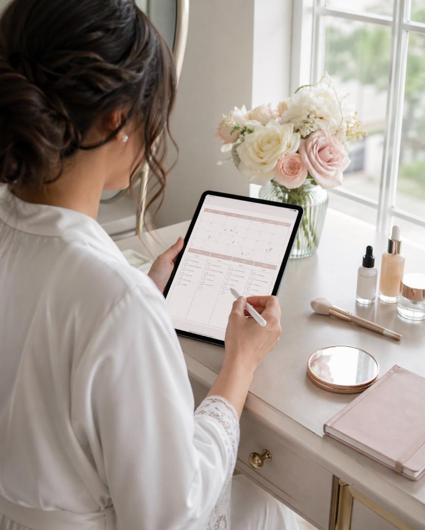 A woman in a white dressing gown sits at a dressing table by a window, using a digital planner on a tablet with a stylus. The table has make-up items, a mirror, and a vase of flowers.