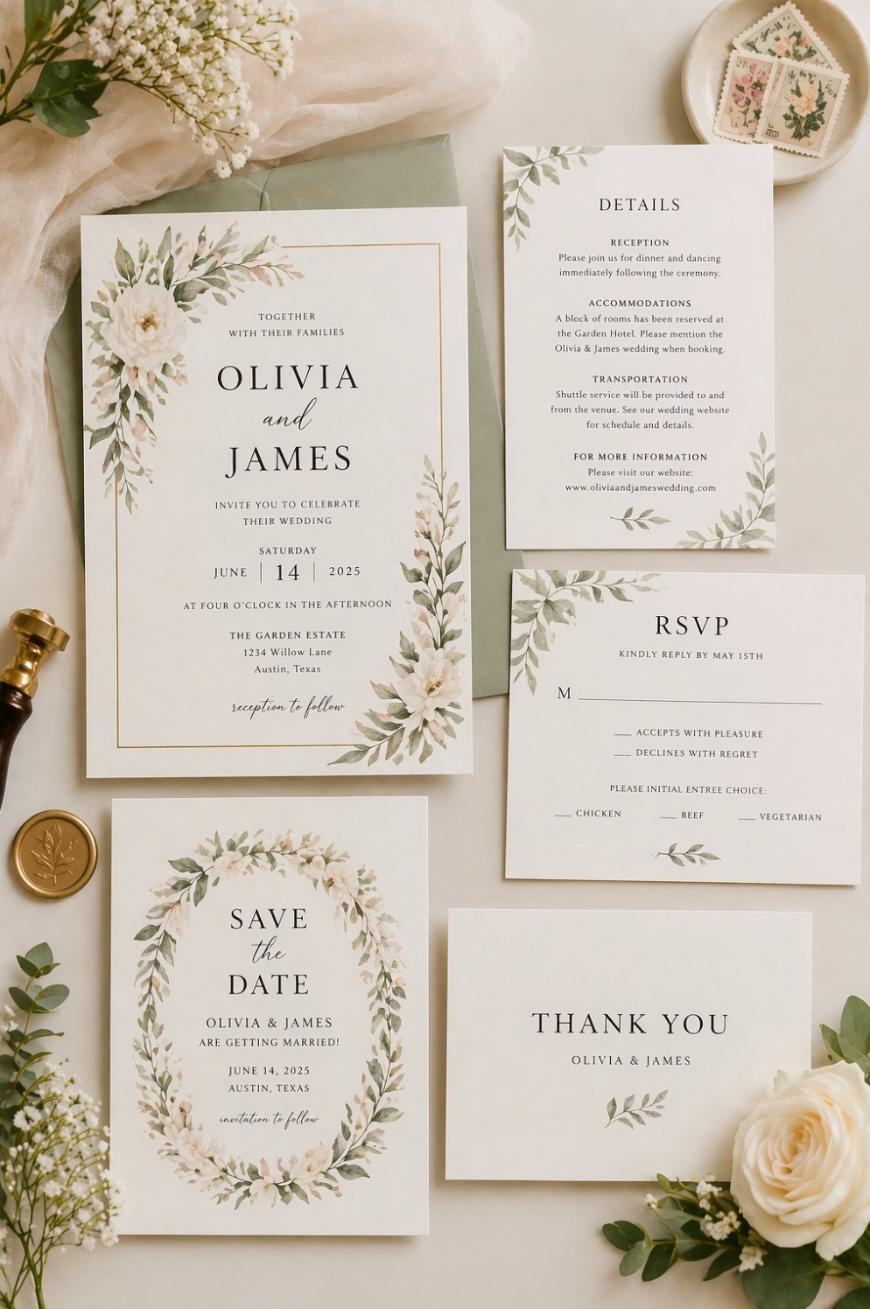 A flat lay of elegant wedding stationery with floral and greenery designs, including invitations, RSVP, save the date, details, and thank you cards, arranged with small white flowers, a gold wax seal, and vintage stamps.