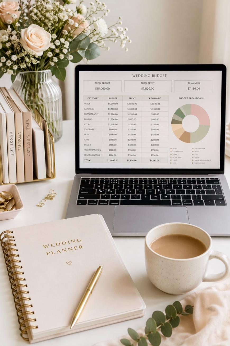 A laptop displays a wedding budget spreadsheet and pie chart, surrounded by a wedding planner notebook, gold pen, books, a cup of coffee, and a vase of blush flowers on a light desk.