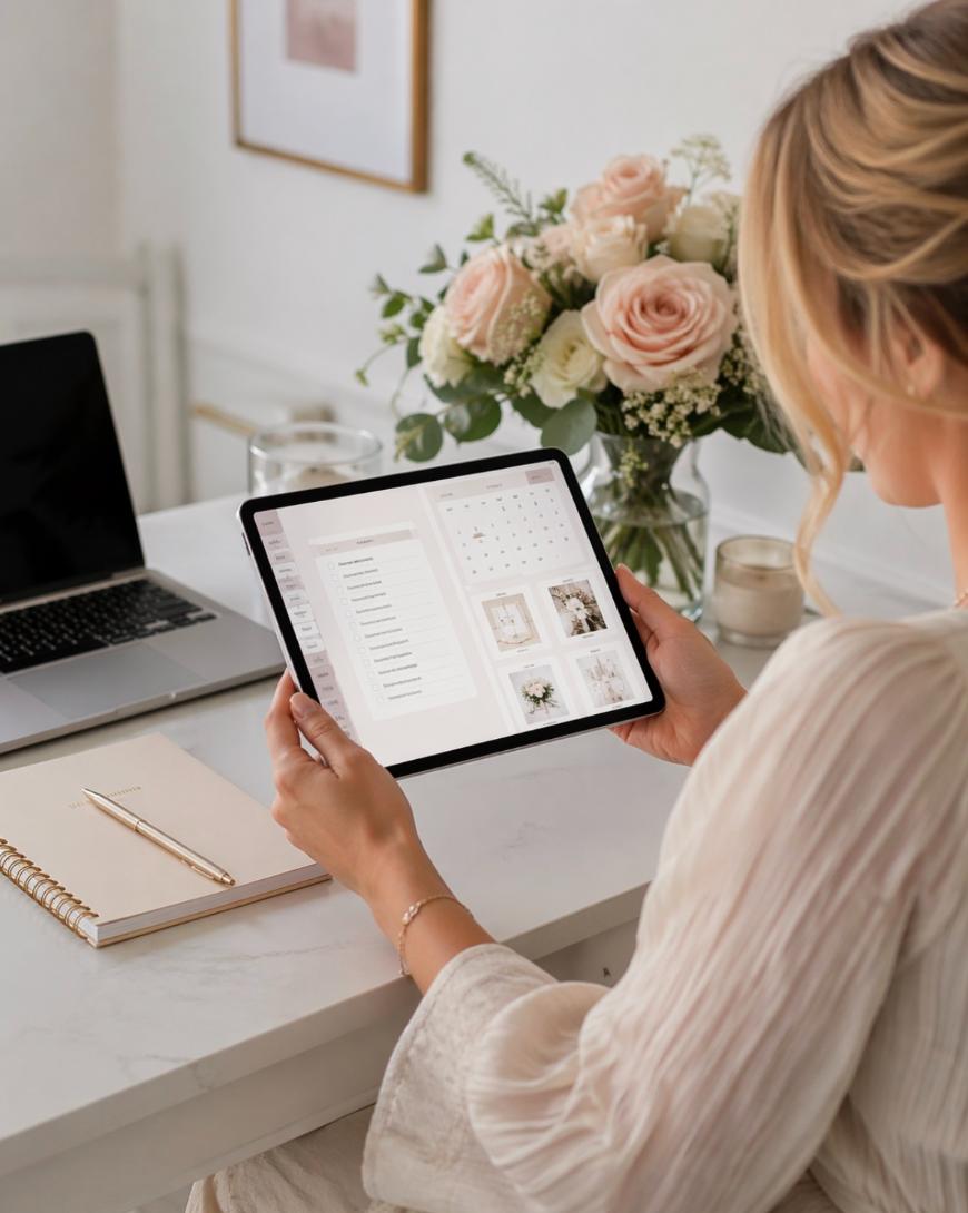 A woman sits at a white desk holding a tablet displaying a calendar and planning app. Nearby are a laptop, a notebook with a pen, and a vase of light pink and cream flowers.