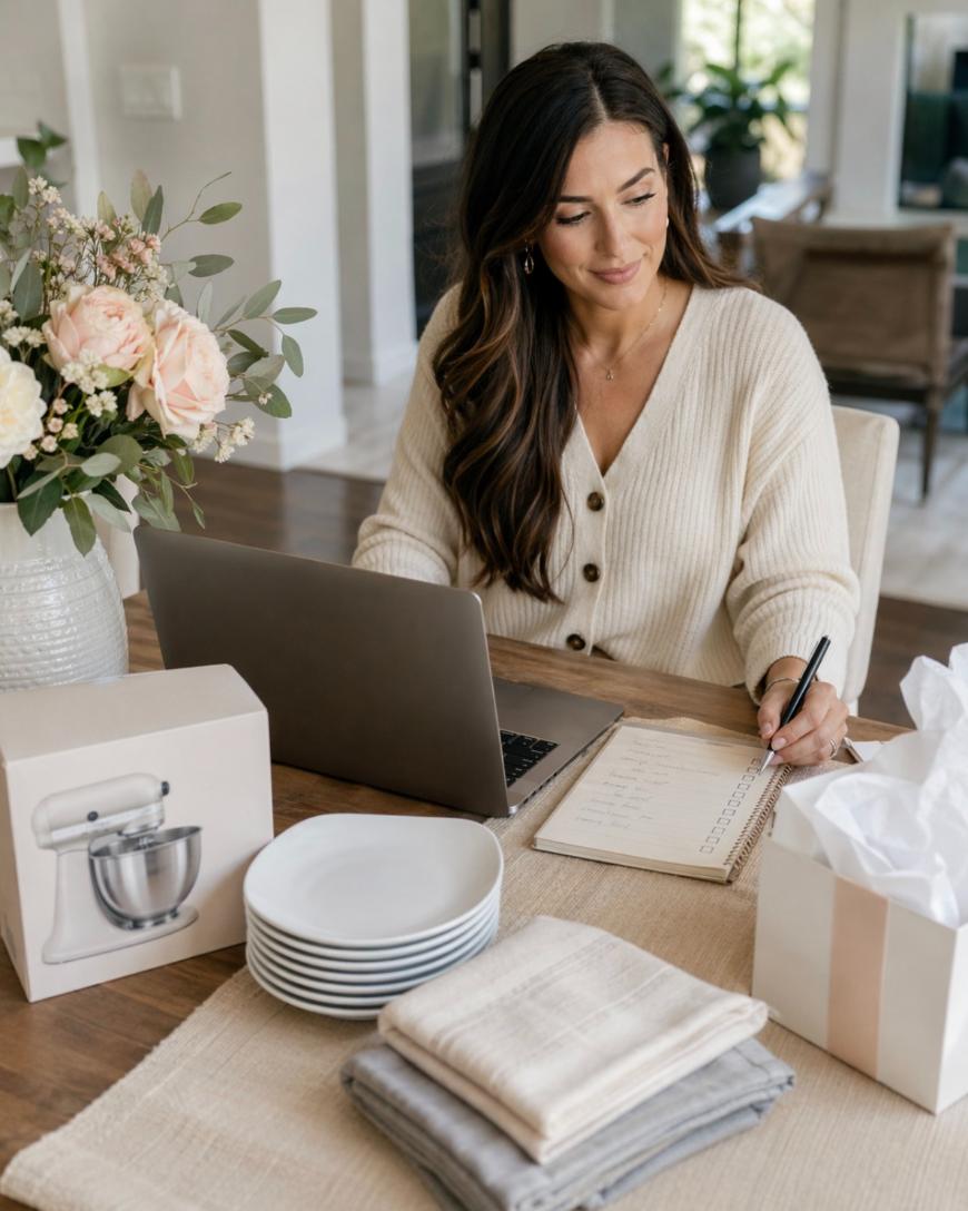 A woman sits at a table with a laptop, writing in a notebook. On the table are a vase of flowers, stacked plates, folded towels, a box with a stand mixer image, and a gift bag with tissue paper.