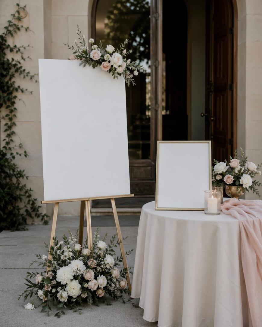 A blank white sign on an easel decorated with white and blush flowers stands beside a round table covered with a beige cloth, floral arrangements, candles, and a blank framed sign, outdoors by an arched doorway.