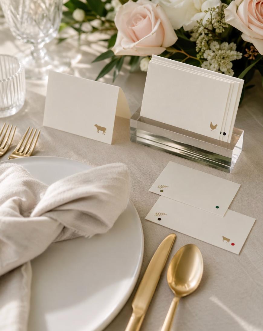 A table setting with a white plate, gold cutlery, a beige serviette, and floral centrepiece. Blank cream-coloured cards with animal icons, including a cow and a chicken, are displayed beside the plate.