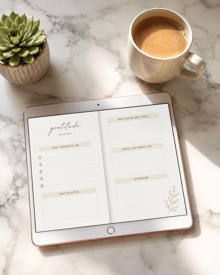A tablet displaying a digital gratitude journal sits on a marble surface beside a cup of coffee and a small potted succulent plant. Sunlight casts soft shadows across the scene.