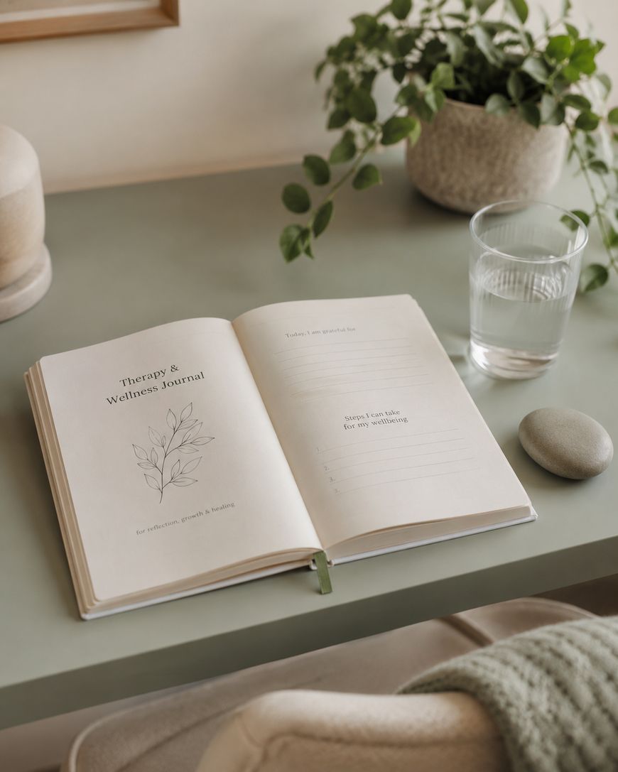 An open therapy and wellness journal lies on a desk next to a glass of water, a smooth stone, and potted plants. The journal pages include prompts for gratitude and self-reflection.