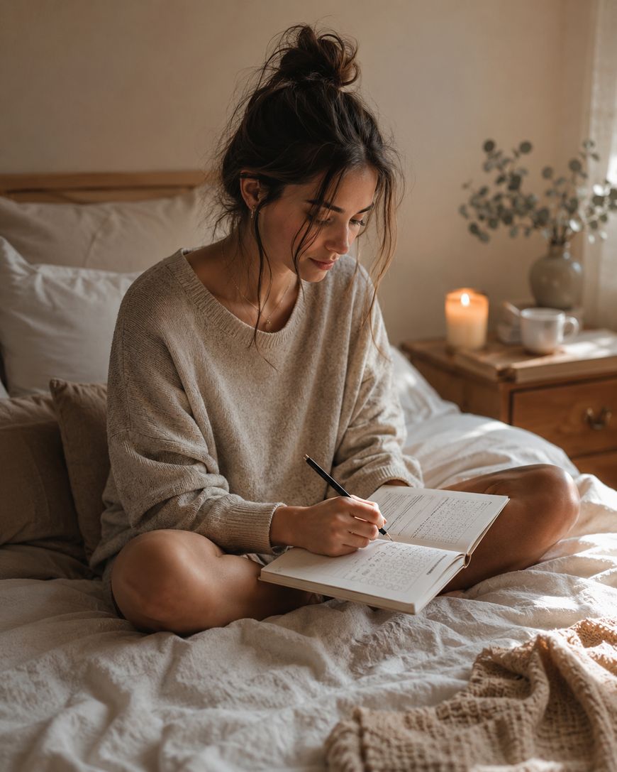 A woman with a messy bun sits cross-legged on a cosy bed, writing in a notebook. She wears a beige jumper, and a lit candle and mug sit on a wooden bedside table nearby, creating a warm, peaceful atmosphere.
