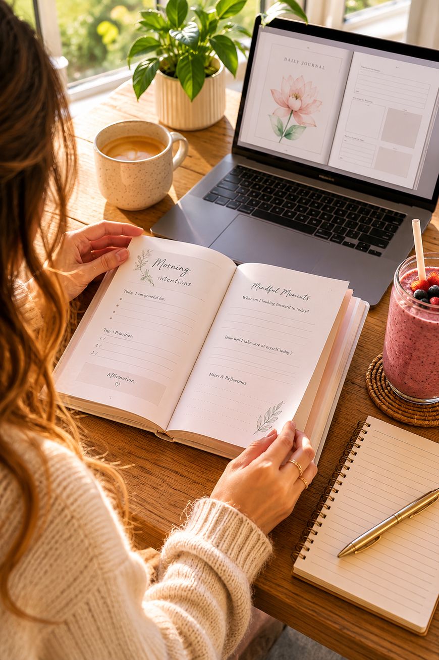 A woman sits at a sunlit desk with a coffee cup, smoothie, and notebook, whilst writing in a diary. An open laptop displays a digital diary page with a flower illustration.