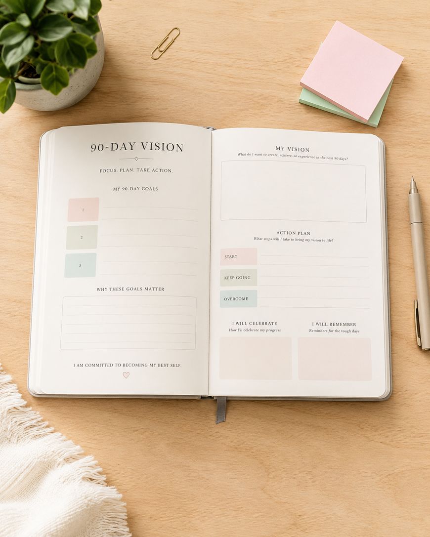 An open diary on a wooden desk displays a 90-Day Vision page and a My Vision page with sections for goals, action plans, and reflections. Nearby are a pen, sticky notes, a plant, a paperclip, and a fringed cloth.