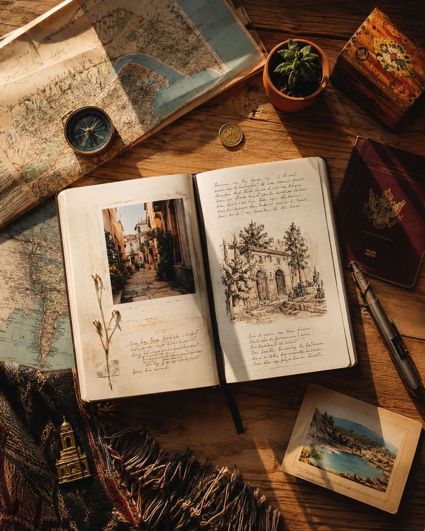 A travel-themed flat lay with an open diary featuring sketches and photos, a map, compass, coin, potted plant, pen, passport, postcard, decorative box, and a patterned cloth on a wooden surface.