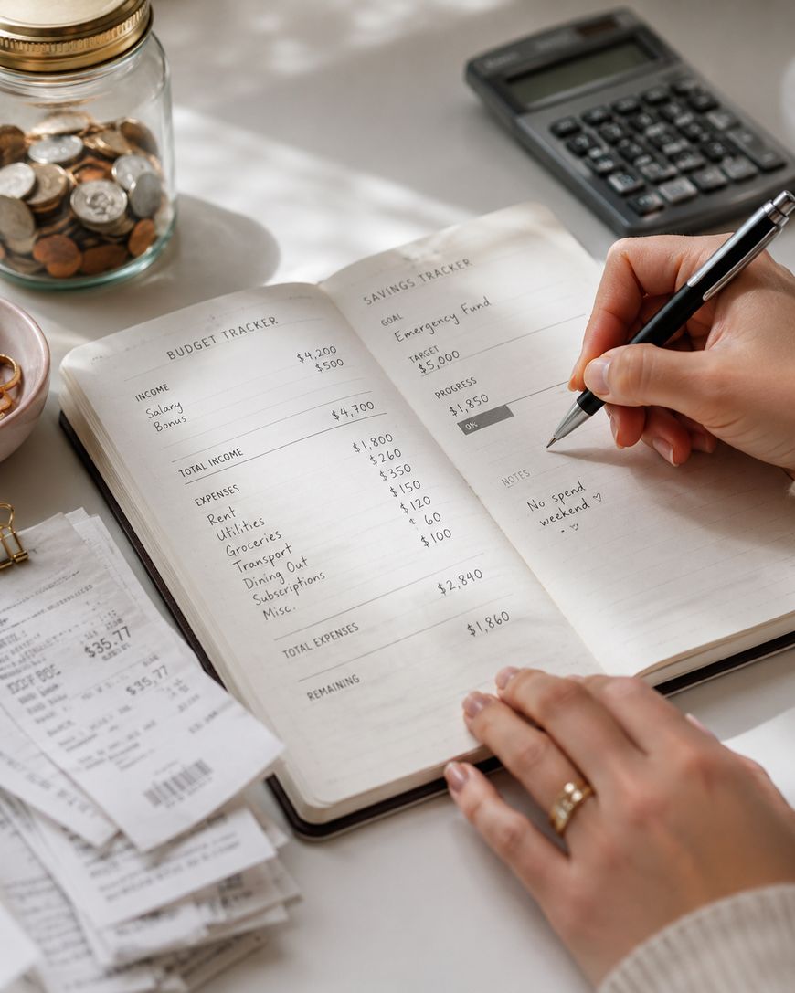A person writes in a budget tracker notebook at a desk with receipts, a jar of coins, and a calculator, showing careful monitoring of income, expenses, and savings goals.