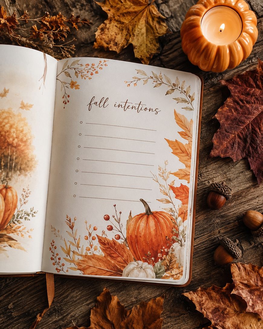 An open diary with “autumn intentions” at the top of a decorative autumn-themed page, surrounded by pumpkins, leaves, and berries, lies on a wooden table with acorns, brown leaves, and a lit pumpkin-shaped candle nearby.