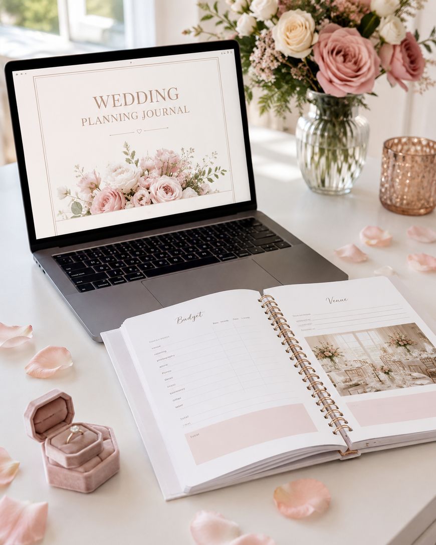 A laptop displaying Wedding Planning Journal sits on a desk with a wedding planner notebook, a ring in a pink box, scattered rose petals, a bouquet of flowers, and a candle.