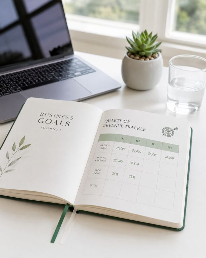 An open diary displaying business goals and a quarterly revenue tracker sits on a white desk next to a laptop, a small potted succulent, and a glass of water by a window.