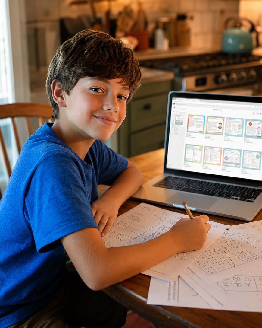 A boy in a blue shirt sits at a kitchen table, smiling while doing homework with worksheets and a pencil. An open laptop displaying educational material is beside him. The kitchen is visible in the background.