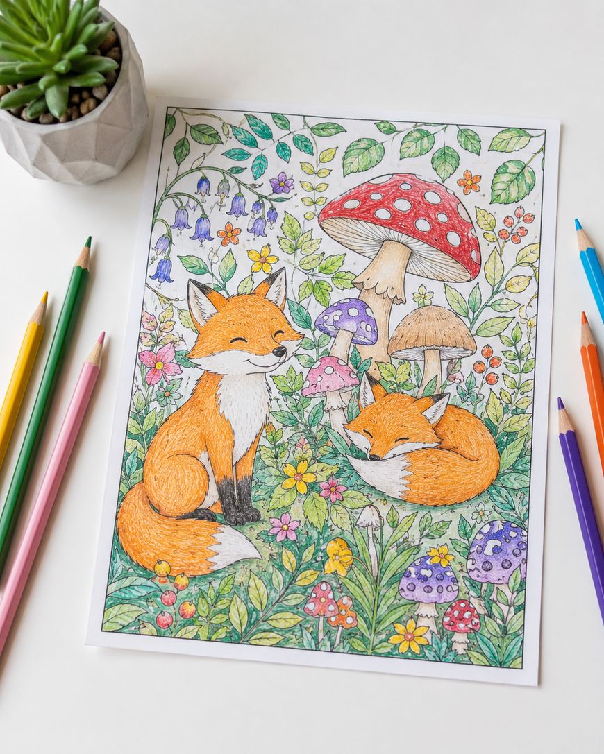 A completed colouring page features two foxes in a lush, colourful forest with mushrooms, flowers, and leafy plants. Coloured pencils and a succulent plant are arranged around the drawing on a white surface.