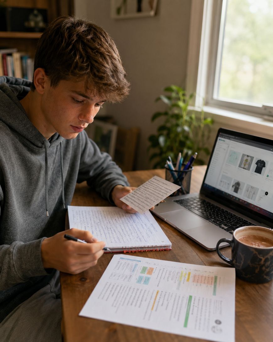 A young person in a grey hoodie studies at a wooden desk with notebooks, printed papers, and a laptop. They hold a handwritten note and write in a notebook. A cup of coffee and pens are nearby, with sunlight coming through a window.