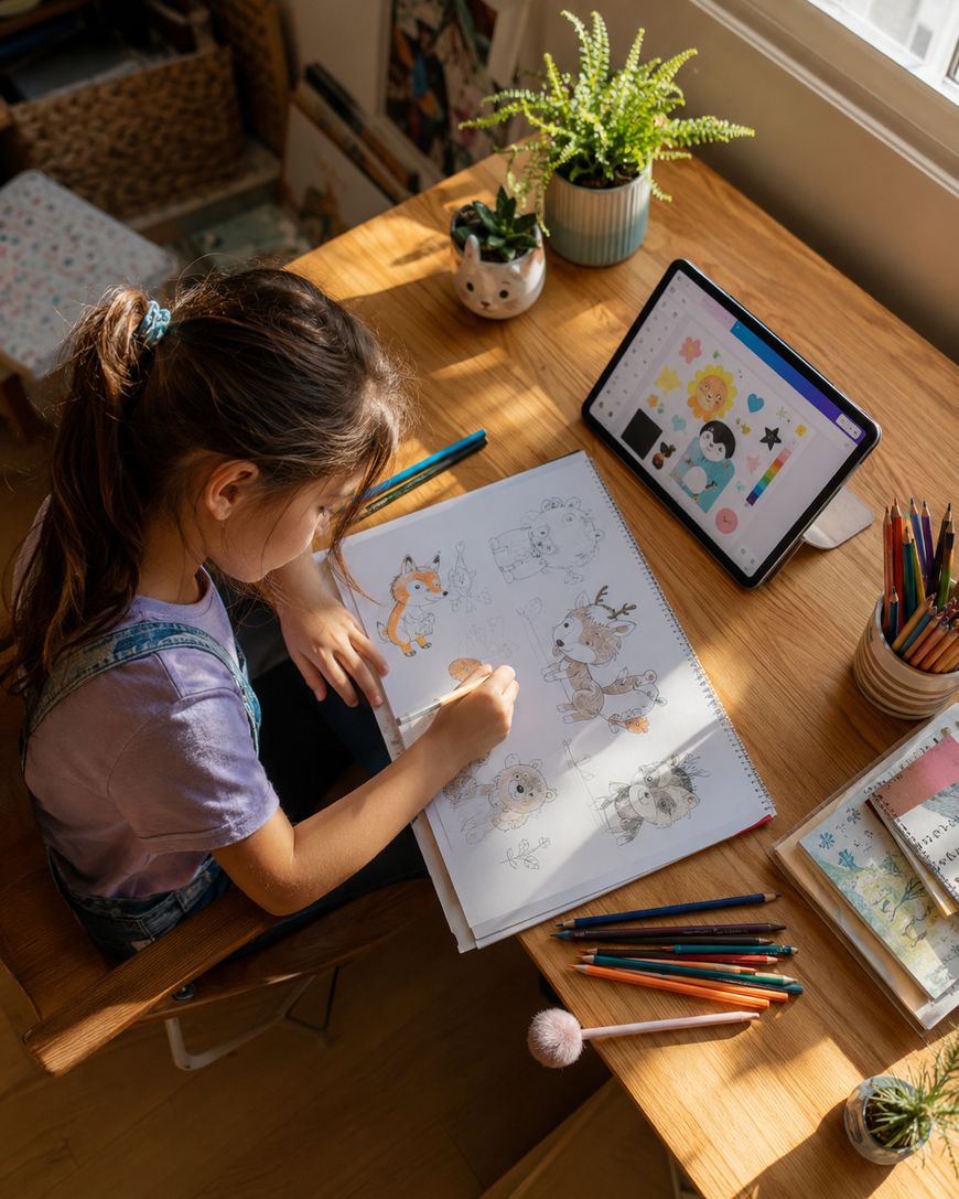 A young girl sits at a wooden desk drawing animals in a sketchbook. Coloured pencils and art supplies are nearby, with a tablet displaying a cartoon character propped up beside her. Sunlight streams through a window.