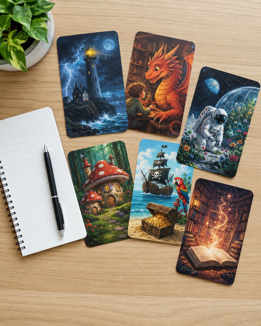 Six illustrated fantasy cards are spread on a wooden desk next to a spiral notebook and pen. Images include a lighthouse, dragon and child, astronaut, mushroom houses, pirate ship, and magical book. A potted plant is in the top left corner.