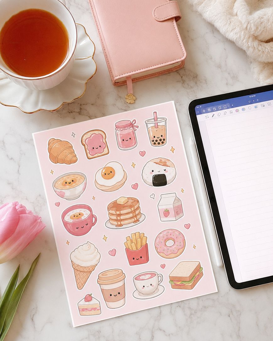 A sheet of cute food stickers, a pink notebook, a cup of tea, a tablet with a blank note, and a pink tulip on a marble surface. The stickers feature smiling faces on snacks like pancakes, coffee, ice cream, and chips.