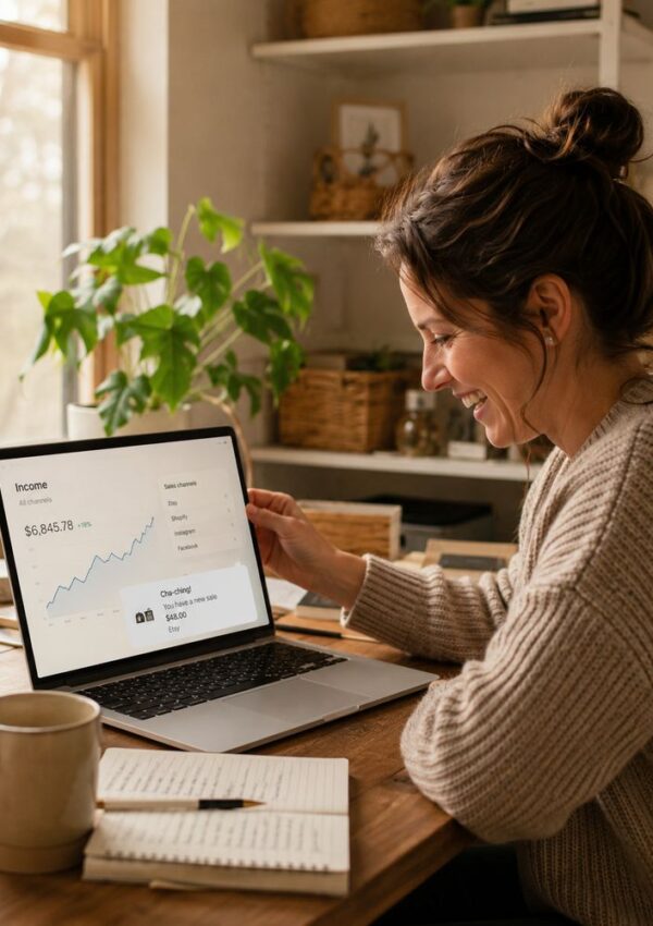 A woman in a cosy jumper smiles while looking at a laptop displaying income from digital product ideas for mums. She sits at a wooden desk with a notebook, pen, and mug, surrounded by plants and shelves in the background.