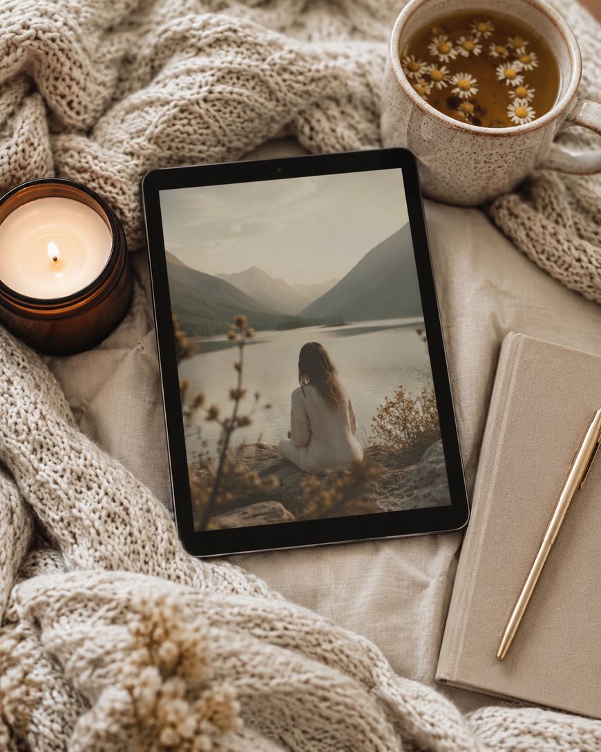 A cosy scene with a knitted blanket, a lit candle, a cup of camomile tea, a notebook with a pen, and a tablet displaying an image of a woman sitting by a lake with mountains in the background.