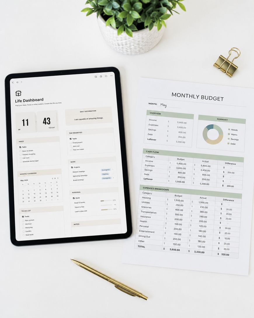 A tablet displaying a life dashboard sits next to a printed monthly budget sheet, a gold pen, binder clip, and a small potted plant on a white surface.